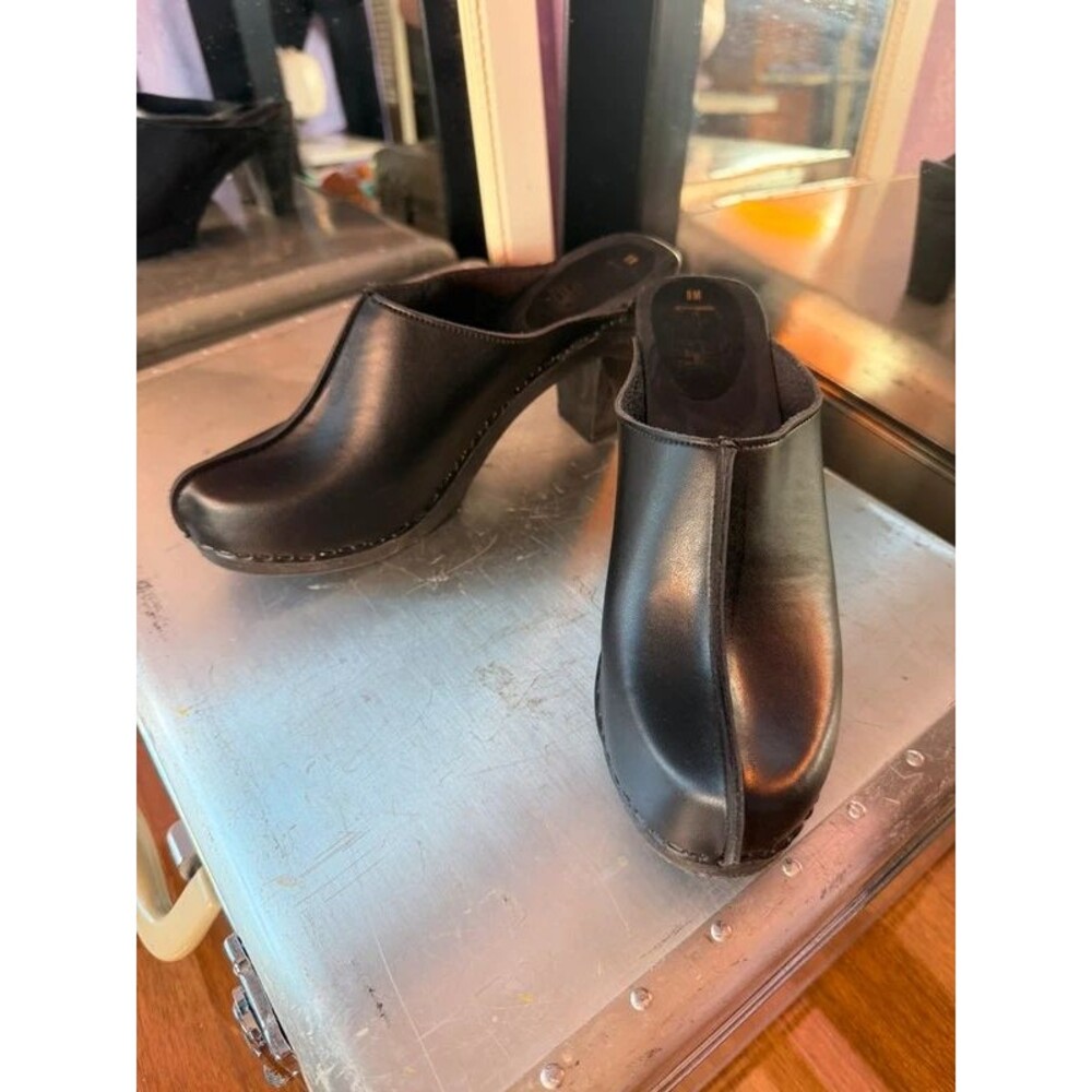 VTG Lascura Black Leather Platform Clog Mules High Heel Made in Italy